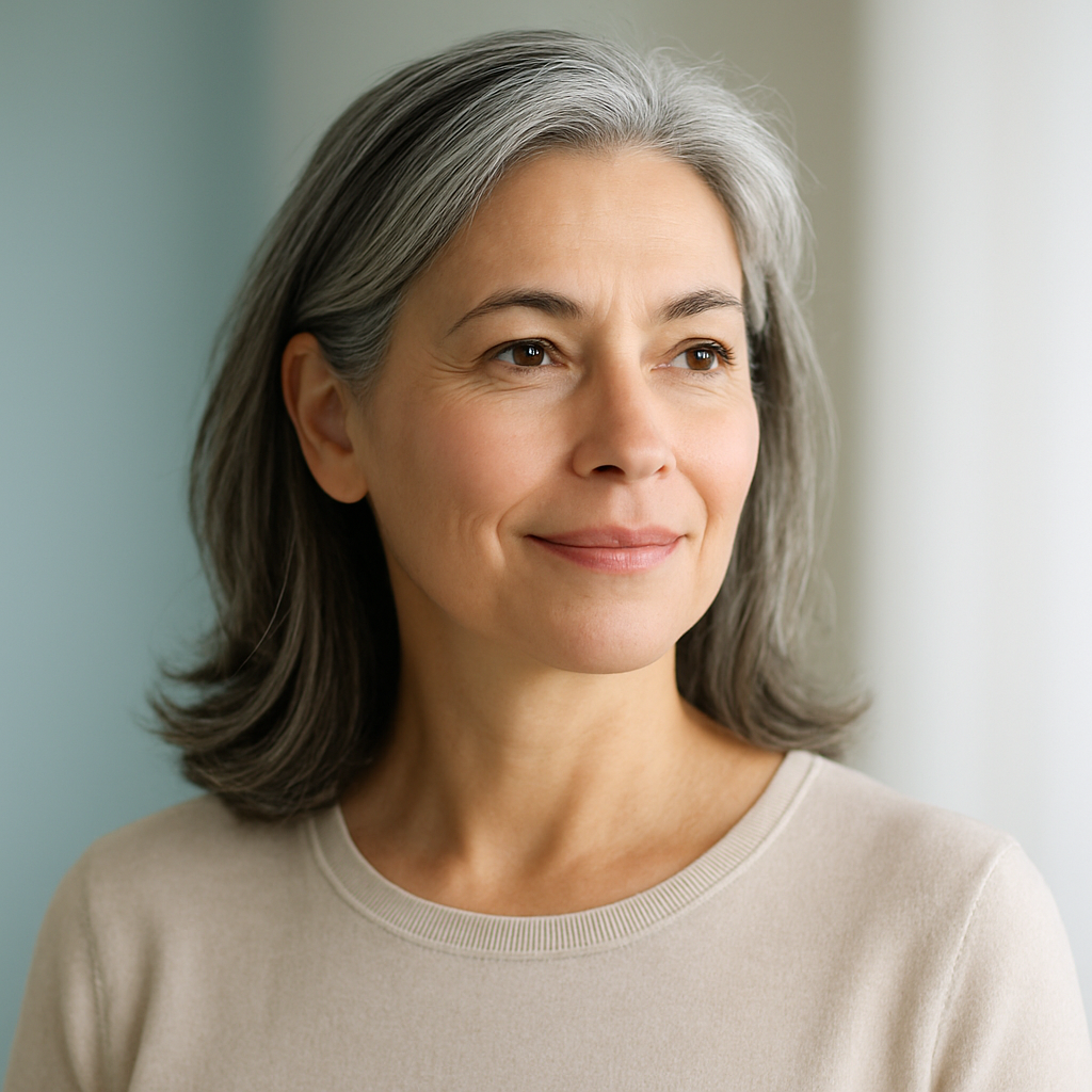 A healthy woman in her early fifties smiling calmly in soft daylight