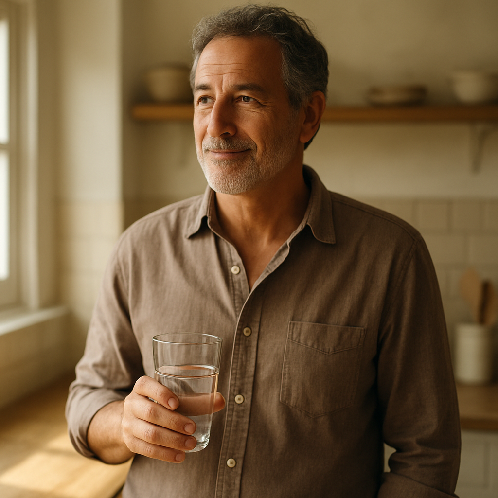 A man in his mid-fifties standing thoughtfully in a sunlit kitchen